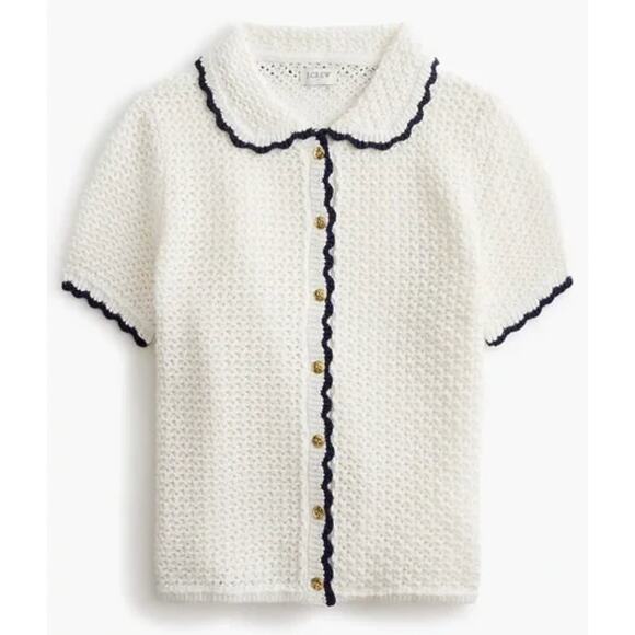 J. Crew Short Sleeve Crochet Cardigan Sweater Ivory Navy CJ215 Size M - Picture 2 of 13